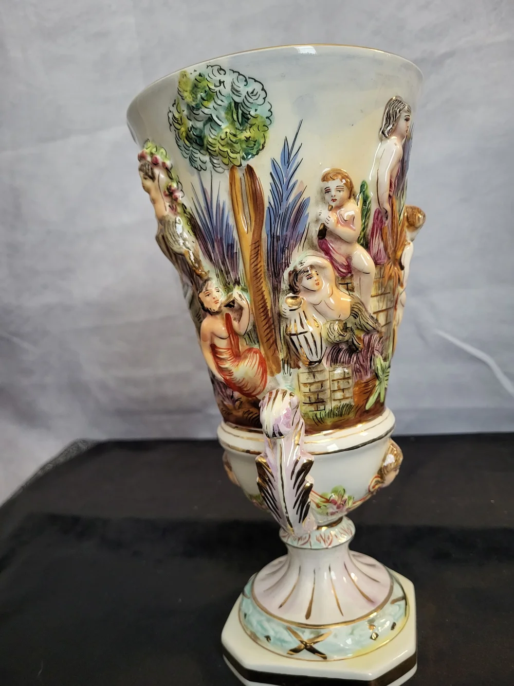 Numbered Ornate White and Gold Porcelain Urn Vase with Multicolor Relief